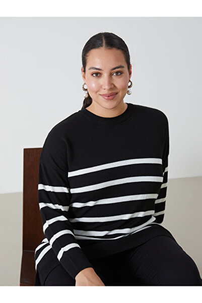 LC Waikiki Black Crew Neck Striped Long Sleeve Women's Knitwear Tunic