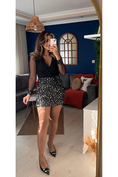 MODAVERA Women's Long Sleeve V Neck Top Crepe Bottom Sequin Short Dress