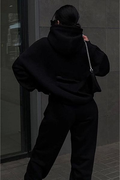 Ebedi Winter Hooded Three Yarn Printed Tracksuit Set - Black
