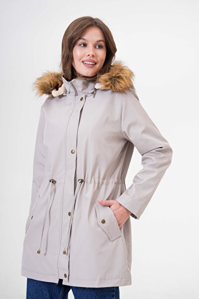 Butik Women's Plus Size Fur Lined Pocket Snap Fastener Waist Lace up Coat Coat
