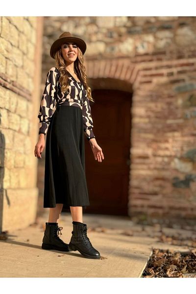 Almina tasarım Women's Long Sleeve Double Breasted Collar Plunging Crepe Midi Dress