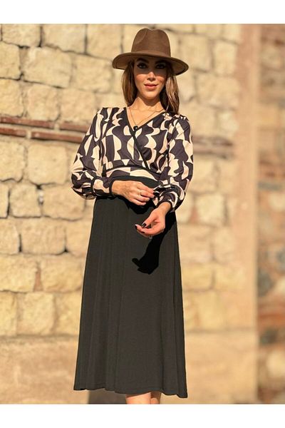 Almina tasarım Women's Long Sleeve Double Breasted Collar Plunging Crepe Midi Dress