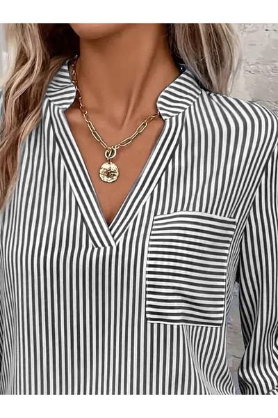 MODAVERA    Women's Long Sleeve V-Neck Woven Shirt with Pockets