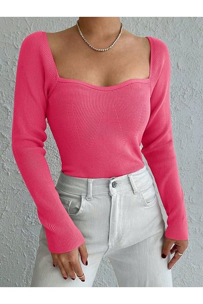 Moda Asmira Women's Pink Low-cut Square Neck Knitwear Blouse 2042