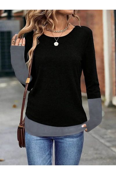 İpeksi Silky Women's Long Sleeve Open Round Neck Color Block Viscose Blouse
