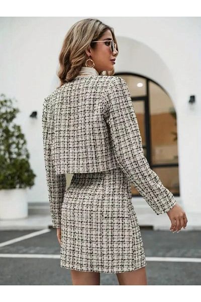 Kokosh moda Women's Long Sleeve Open Front Button Detailed Woven Jacket Skirt Double Set