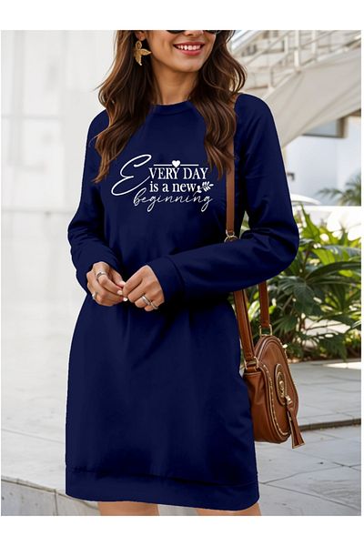 REKA MODA    Women's Long Sleeve Crew Neck Short Viscose Two Thread Dress