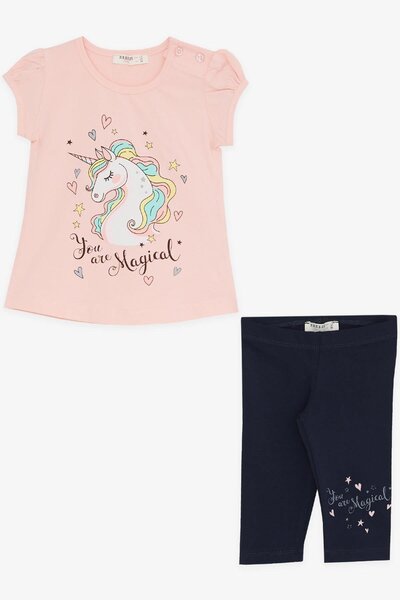 Breeze Kız Çocuk Kapri Taytlı Takım Unicorn Baskılı 1.5-5 Yaş, Somon