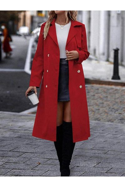 Deridün Yıldız Shoes Women's Long Sleeve Collared Front Buttoned Belted Waist Midi Gabardine Trench Coat