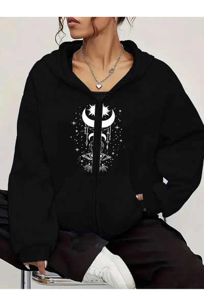 Nebulaa Tekstil Γυναικείο φούτερ με κουκούλα και τσέπες καγκουρό με γεωμετρικ...