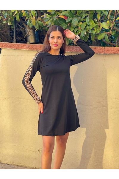 COTTONLAB Rochie mini-lungime pentru femei, cu mâneci lungi, cu decolteu, cu mâneci leopard