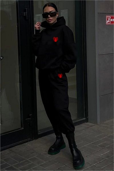 Ebedi Winter Hooded Three Yarn Printed Tracksuit Set - Black
