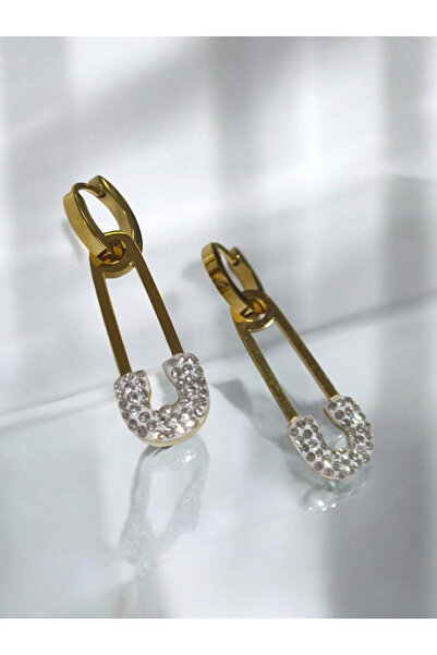 Çelik Kararmaz Çelik Gold Taşlı Çengel İğne Model Küpe