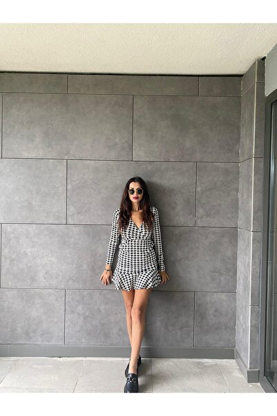 REKA MODA Women's Long Sleeve Double Breasted Collar Houndstooth Micro Mini Length Dress