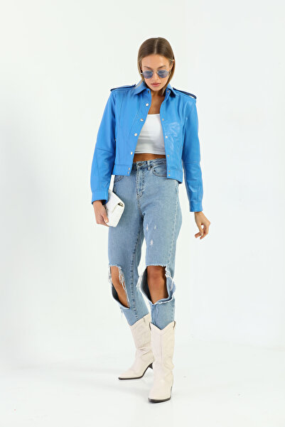 Basics&More Kadın Hakiki Mavi Deri Ceket - Kendall