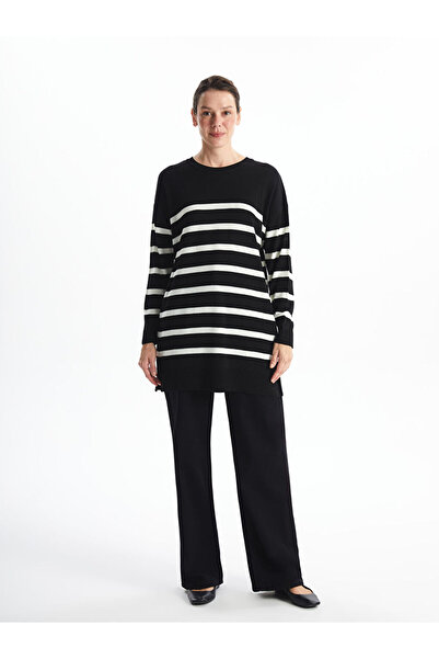 LC Waikiki Black Crew Neck Striped Long Sleeve Women's Knitwear Tunic
