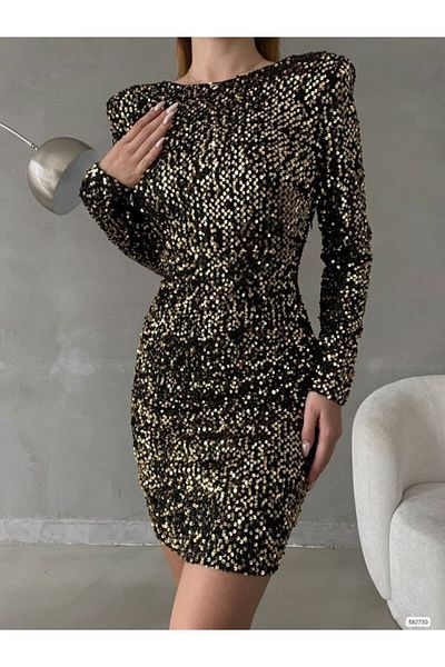 JANES Women's Long Sleeve Wadded Detail Full Sequin Sequin Mini Dress