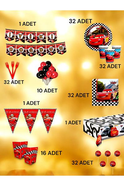 VibeHome Ultra-Luxury Set for 32 People with Cars Theme - Birthday Party and Fun Events