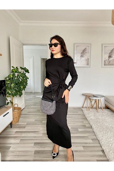 REKA MODA Women's Long Sleeve Crew Neck Waist Cross Tie Side Slit Long Viscose Two Thread