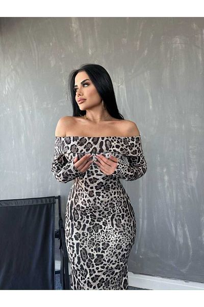 JANES Madonna Collar - Leopard Print Deep Slit Maxi Φόρεμα