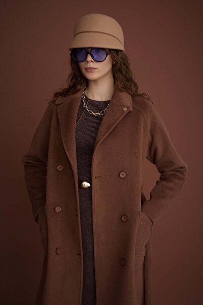 Nihan Kuşaklı Kruvaze Manto Kahve