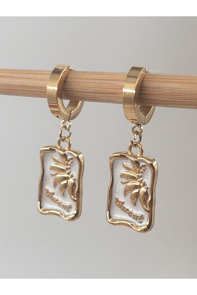 Siya Silver Steel Moon Flower Pattern - Embossed and Pearlescent Earrings