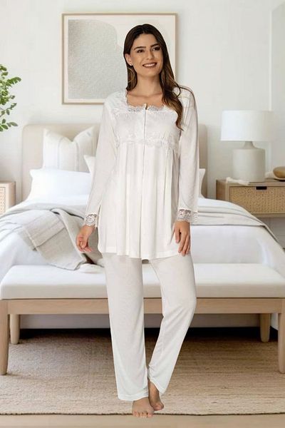 Effortt Venera Effortt Maternity Pregnant Lace Detailed Elegant Maternity Dressing Gown Sleepwear Set