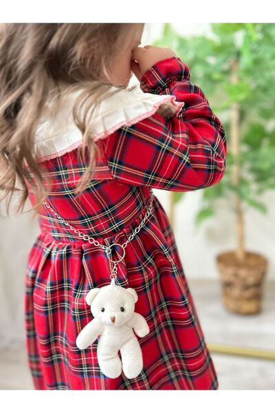 Yavrumsa Kız Çocuk Ekose Desenli Ayıcık Detaylı Elbise
