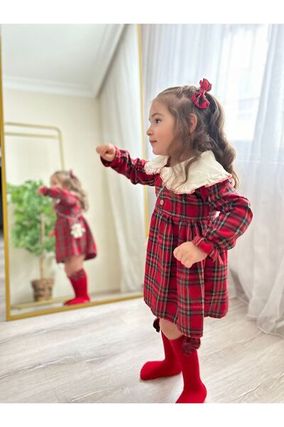 Yavrumsa Kız Çocuk Ekose Desenli Ayıcık Detaylı Elbise