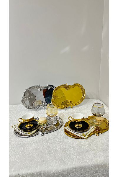 USD HOME Set of 4 2' Gold and 2' Steel Embroidered Lace Pattern Artnova Coffee Presentation Serving Tray