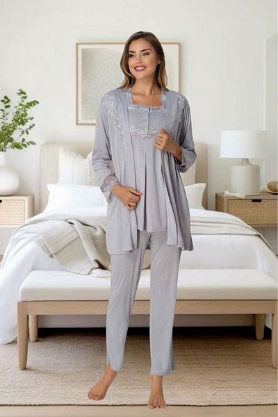 Effortt Venera Effortt Maternity Pregnant Lace Detailed Elegant Maternity Dressing Gown Sleepwear Set