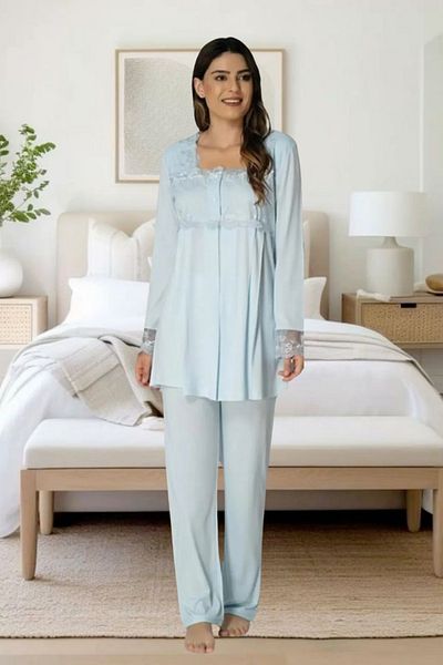 Effortt Venera Effortt Maternity Pregnant Lace Detailed Elegant Maternity Dressing Gown Sleepwear Set