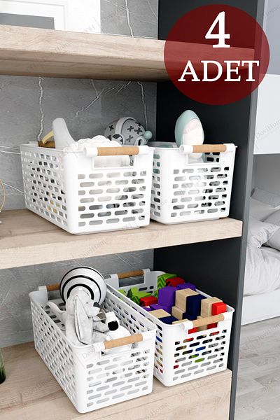 DOVİHOME 4 Pieces White Basket Wooden Look Multi-Purpose Basket Organizer with Handles