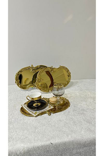 USD HOME Single Gold Embroidered Lace Pattern Artnova Coffee Presentation Tray