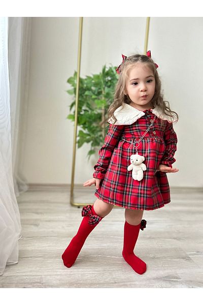 Yavrumsa Rochie pentru fetiță cu model în carouri cu detaliu ursuleț