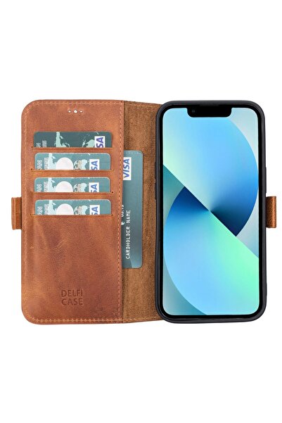 PLM Apple iPhone 13 Uyumlu Deri Cüzdanlı Kılıf Karamel