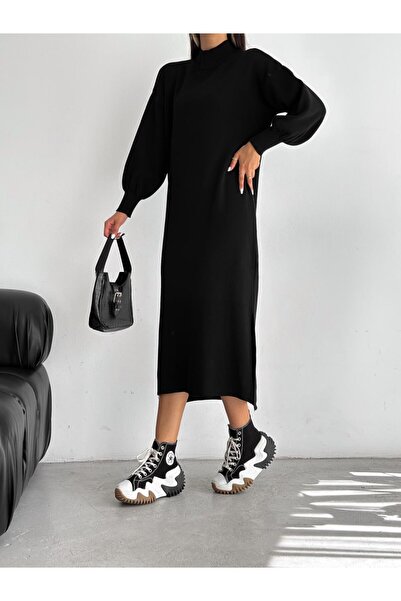 owiç Kadın Yarım Balıkçı Yaka Düşük Omuz Balon Kol Yarım Yırtmaçlı Triko Elbise - 23039