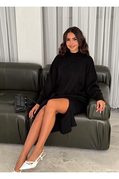 owiç Kadın Yarım Balıkçı Yaka Düşük Omuz Balon Kol Yarım Yırtmaçlı Triko Elbise - 23039