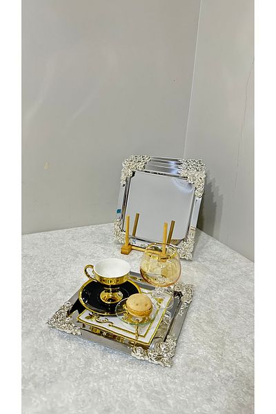 USD HOME Ασημένιος τετράγωνος δίσκος παρουσίασης καφέ τεσσάρων γωνιών 3 τεμαχίων