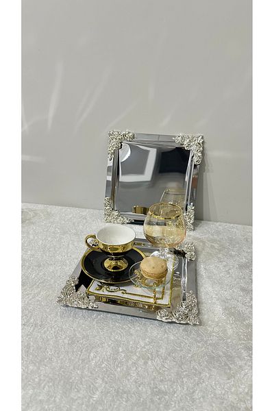 USD HOME Ασημένιος τετράγωνος δίσκος παρουσίασης καφέ τεσσάρων γωνιών 4 τεμαχίων