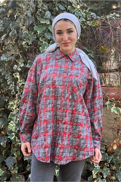 Moda Rosa 25K4461 - Red - Knitwear Detailed Plaid Shirt
