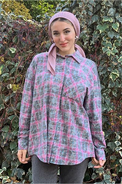 Moda Rosa 25K4461 - Pink - Knitwear Detailed Plaid Shirt