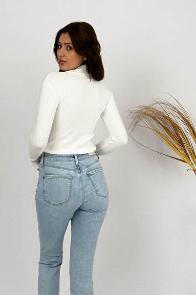 Betimoda Women's Plush Long Sleeve Half Turtleneck Bodysuit Corded Ecru 1 Piece