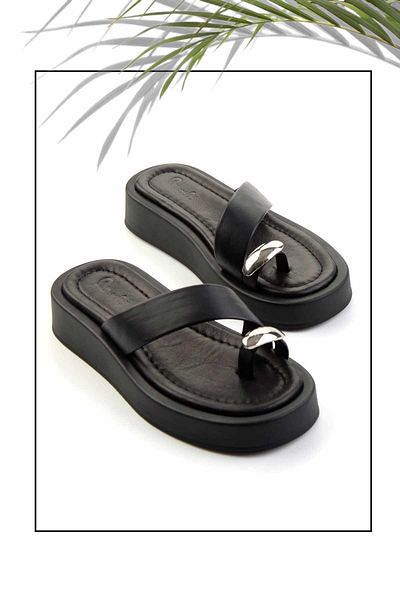 Bambi Genuine Leather BlacK Women's Slippers - Lame K 04826600003
