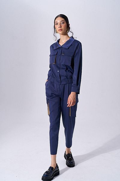 Naar Navy Blue Long Sleeve Bomber Shirt - Pocket Detail, Shirt Collar 2591609