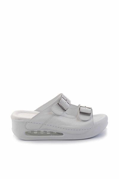 Bambi White Genuine Leather Women's Slippers K 04498700203