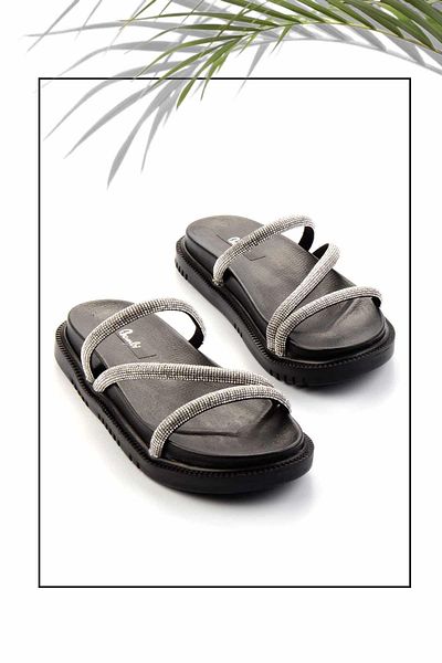 Bambi Lame Stone Detailed Black Women's Slippers - K04666013387