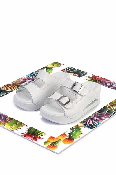 Bambi White Genuine Leather Women's Slippers K 04498700203
