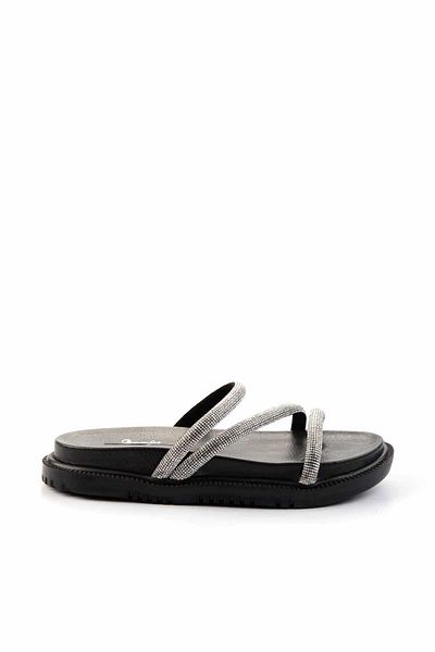 Bambi Lame Stone Detailed Black Women's Slippers - K04666013387