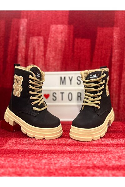 MYSSTORE Kız Çocuk Ayı Oyuncaklı Bej-Siyah Bağcıklı Fermuarlı İçi Yünlü Bot